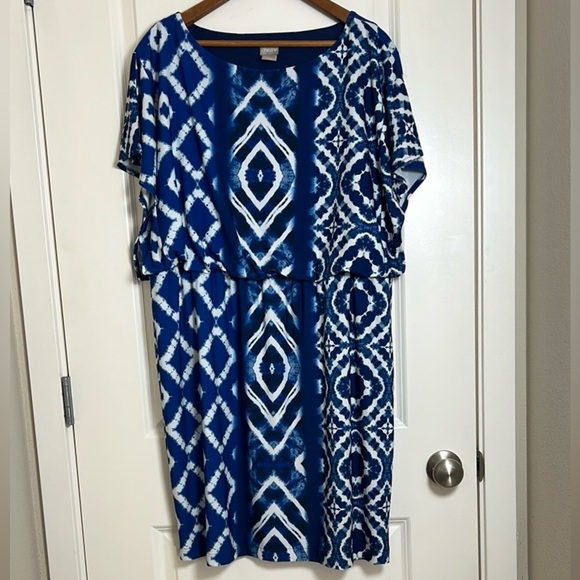 Chico's Blue Tie Dye Knee Length Short Sleeve Dress XL (3P) 16P/18P - Picture 8 of 8